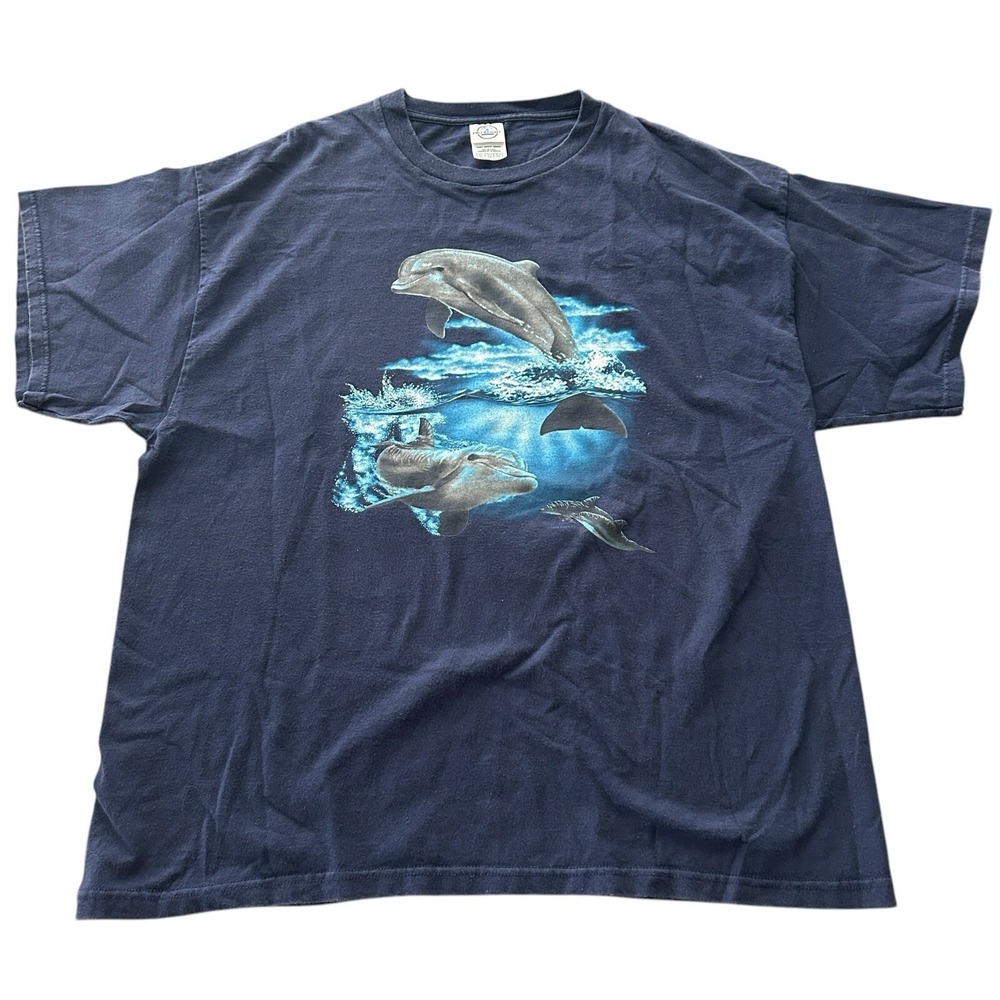 Vintage Y2K‎ XL Dolphins Swimming Short Sleeve Shirt Navy Nature Ocean Delta Pro